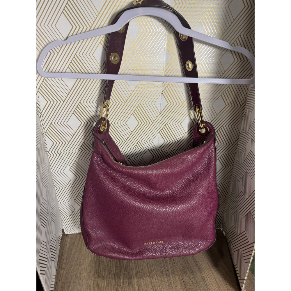 Michael Kors Plum Pebbled Leather Grommet Strap Hobo Shoulder Bag Burgundy Gold